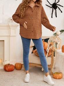 SHEIN Maternity Fall/Winter Jacket, Triangular Pattern Button Pocket Solid Color Maternity Jacket - Coffee Brown - View 5