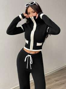 SHEIN Unity Women's Casual Colorblock Patchwork Cardigan And Pants 2-Piece Knitted Suit Set Fall Winter Cloth For Women