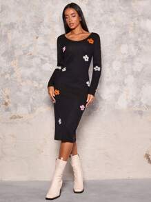 Glamine Women's Ditsy Floral Crew Neck Long Sleeve Sweater Dress