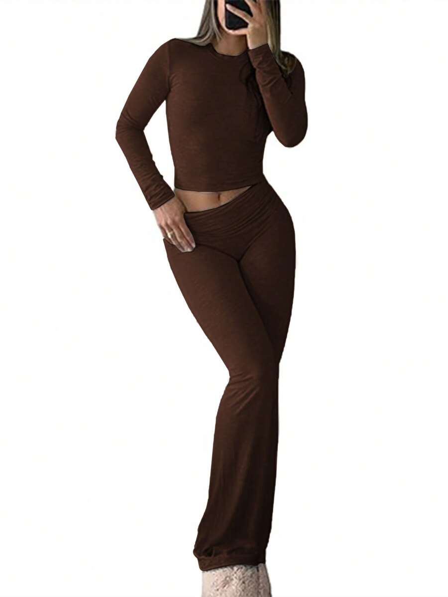 INAWLY Solva Bộ 2 áo thun dài tay cổ tròn màu trơn đơn giản và quần dài cho nữ - Cà phê nâu - Xem 1