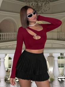 SHEIN ICON Cropped Long Sleeve Tee With Asymmetrical Cutout Neckline - Burgundy - View 5