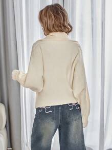GENKIRA French Casual Relaxed POLO V-Neck Chunky Textured Knit Long Sleeve Pullover Sweater, Fall/Winter Knit Pullover - Beige - View 2