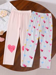 2pcs Young Girl "Brunch Girls" Cute Heart Print Casual Soft Fabric Leggings Outfit, Suitable For Daily Outing In Spring/Autumn