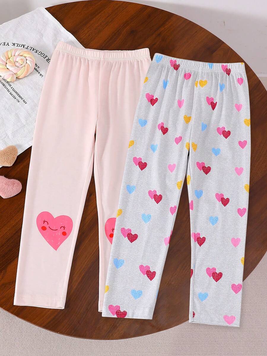 2pcs Young Girl "Brunch Girls" Cute Heart Print Casual Soft Fabric Leggings Outfit, Suitable For Daily Outing In Spring/Autumn