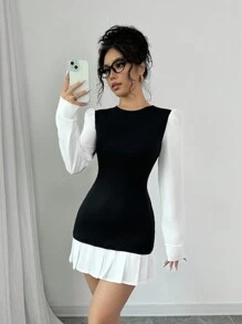 Rafferiza Váy xếp ly cổ tròn ngắn bó sát thời trang thu đông - màu đen - Xem 3