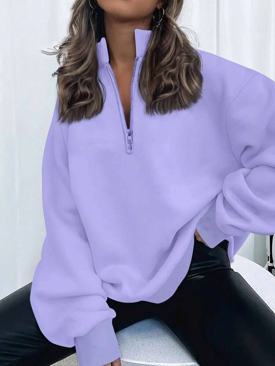 女式纯色半拉链立领长袖运动衫 - 紫丁香色 - 查看 1