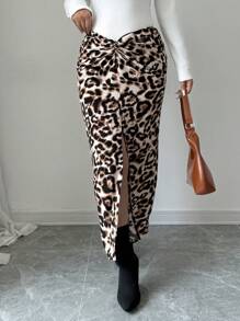 Chiquease 秋冬时尚前中扭纹镂空豹纹 A 字裙 - 彩色 - 查看 7