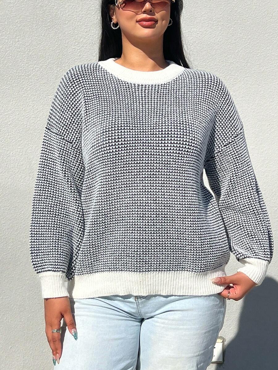 Flirla Plus Size Fashionable Design Loose Fit Long Sleeve Casual Colorblock Pullover Sweater Knit Pullover Fall Winter - Black and White - View 1