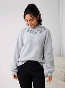 Girl & Teen Girls' Elegant Floral 3D Decorated Crew Neck Sweater. The Distinctive 3D Floral Collar Decoration Adds A Unique Style Highlight To The Overall Look. The Refined Crew Neck Design Is Simple Yet Graceful, Offering Warmth And Comfort With Its Soft, Delicate Fabric Material. This Sweater Creates A Charming, Fashionable Look For Girl And Teen Girls, Allowing Them To Radiate Confidence And Charm At Social Events.
