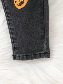 SHEIN 女婴南瓜图案保暖内衬黑色牛仔裤，抓绒加厚服装高弹牛仔裤，秋冬装，万圣节装 - 深灰色 - 查看 3