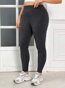 SHEIN EZwear 大码女式纯色高腰口袋紧身休闲紧身裤 - 深灰色 - 查看 6