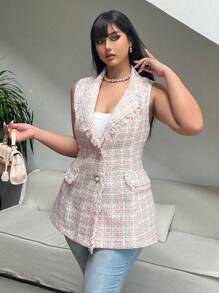 Celure Collarless Sleeveless Buttoned Fringed Colorblocked Blazer, Casual Commuting Party Date Elegant Plus Size Coat - Pink - View 4