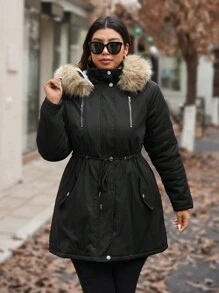 Calvaya Manteau matelassé casual à capuche à cordon de serrage en patchwork avec fausse fourrure pour femmes grandes tailles