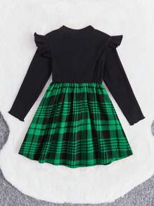 SHEIN Leap Crew Young Girl Green Plaid & Black Patchwork Bow Decor Long Sleeve Midi Dress, Fall(9) Winter(2) - Green - View 2