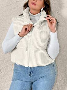 SHEIN Privé Plus Size Women's Casual Comfortable Zipper Contrast Color Sleeveless High Neck Winter Padded Coat - Apricot - View 6