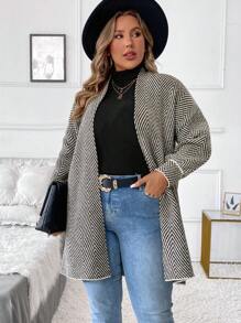 SHEIN LUNE Plus Size Casual Diamond Pattern Stripe Pattern Loose Versatile Autumn Cardigan Without Buttonsbusiness Casual Woman, Holiday Outfits, Country Tops, For Winter - Coffee Brown - View 4