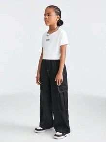SHEIN Sportliches Crop Top und Utility Hose Set in loser Passform für Tween Mädchen, 2 Stück - Schwarz und Weiss - Übersicht 3