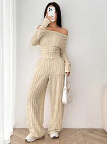SHEIN EZwear 卡其色针织露肩上衣和裤子 - 卡其色 - 查看 4