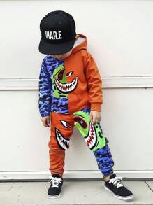 SHEIN 2pcs/Set Young Boy Casual Sports College Street Cute Ghost Face Colorblock Sweatshirt + Pants, Suitable For Daily Wear, School, Outings, Sports, Spring & Autumn - Multicolor - View 1