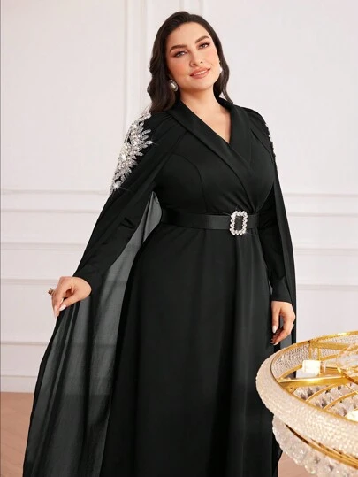 Modelyn 加大码纯色腰带交叉裹身优雅朴素长袖连衣裙长款晚礼服