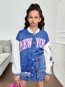 Tween Girl 拼色牛仔效果字母印花羊毛绒布保暖衬里前扣长袖外套，休闲棒球夹克 - 藍色 - 查看 7