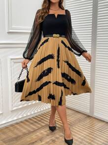 SHEIN Clasi Kleid mit Rundhalskragen in großen Größen, einfarbig mit kontrastfarbigem Mesh-Einsatz, Langarm, für den Lässig-Stil