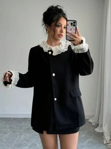 Chiquease Autumn Elegant Contrast Color Ruffle Collar Coat - Black - View 3