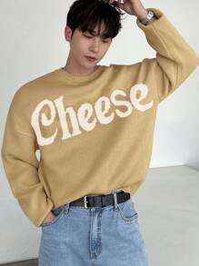 DAZY Men's Letter Print Round Neck Drop Shoulder Casual Knitted Sweater, Autumn - Yellow - View 1