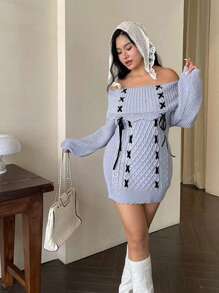 Flirla Plus Size Rhombus Texture Drawstring Decoration Off Shoulder Fitted Sweater, Spring Autumn Knit Pullover Fall Winter Outfit - Dusty Blue - View 7
