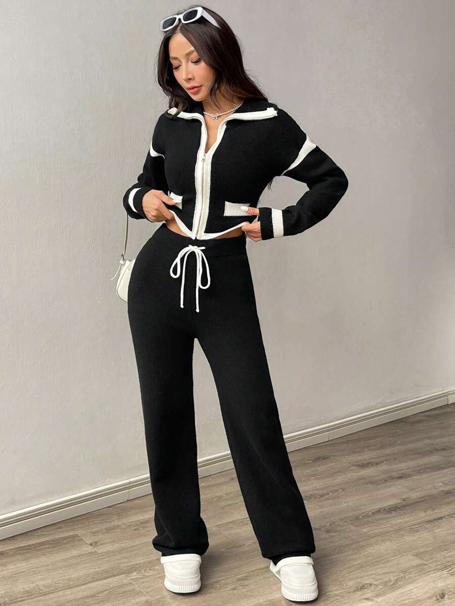 SHEIN Unity Women's Casual Colorblock Patchwork Cardigan And Pants 2-Piece Knitted Suit Set Fall Winter Cloth For Women