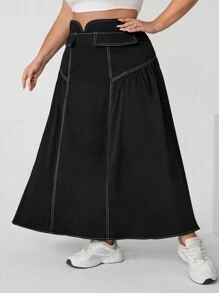 SHEIN CURVE+ Plus Size Black High-Waisted A-Line Skirt With Contrast Trim