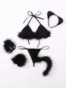 ROMWE 6packs Fluffy Thong Rabbit Sexy Costume Lingerie - Black - View 3