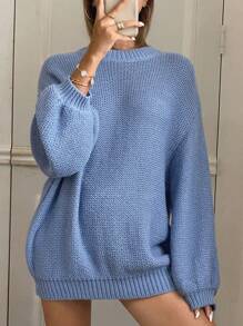 DAZY Women's Solid Color Loose Fit Long Sleeve Crew Neck Sweater Fall,Winter - Blue - View 1