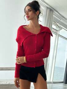 SHEIN Privé Áo len cardigan nữ cao cấp thiết kế bất đối xứng màu trơn phong cách cổ điển cho mùa thu/đông - Màu Đỏ Sâu - Xem 6