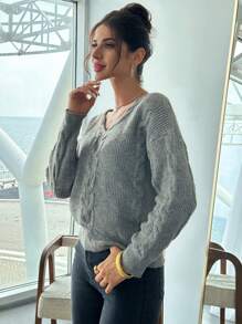 SHEIN Privé Women's V-Neck Cable Knit Long Sleeve Sweater, Casual Daily Wear - Grey - View 5