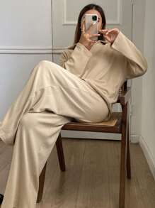 DAZY 女式纯色简约翻领羊毛长袖上衣和裤子睡衣套装秋冬