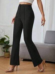 SHEIN PETITE Solid Color Comfortable Casual Flared Pants ,Petite Women - Black - View 4