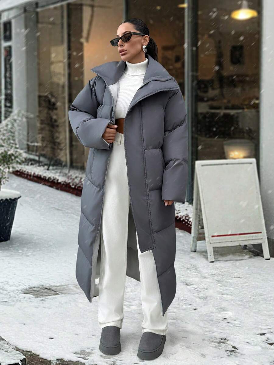 EURMUSE MAXI OVERSIZE DARK GREY PUFFER WINTER COAT - Dark Grey - View 1