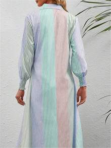 Áo sơ mi tay cánh hoa in sọc Fashion Me, chất liệu sợi polyester, dáng ôm, màu xanh dương, thích hợp mặc đi làm, mùa xuân hè, kiểu dáng bất đối xứng, thanh lịch. - Màu xanh lam - Xem 2