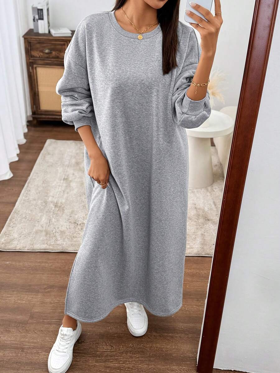 Chiquease Women Round Neck Patchwork Long Sleeve Casual Loose Sweatshirt, Grey - Grey - View 1