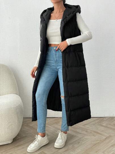 SHEIN Tall Sleeveless Long Hooded Cotton Jacket