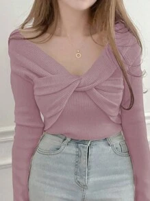 DAZY 女式 V 领扭纹纯色修身优雅长袖毛衣，秋季服装 - 紫色 - 查看 2