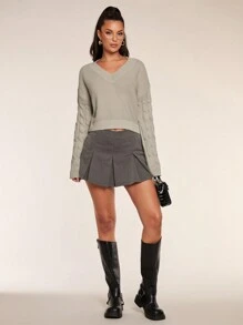 Glamine Suéter casual de unicolor de manga larga con cuello en V para mujer