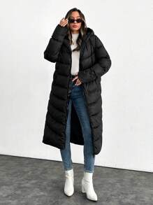 SHEIN Tall Women's Long Hoodie Puffer Padded Coat Double-Sided Zipper With Different Quilting Patterns - Black - View 3