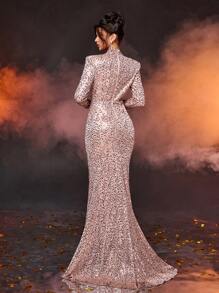 SHEIN Belle Elegant And Gorgeous Champagne Color Bright Sequins High Collar Chest Water Drop Hollow Long Sleeve Fishtail Type Gathered Hem Trailing Party Dinner Formal Evening Dress, Prom Gown, For Wedding Guest, Graduation