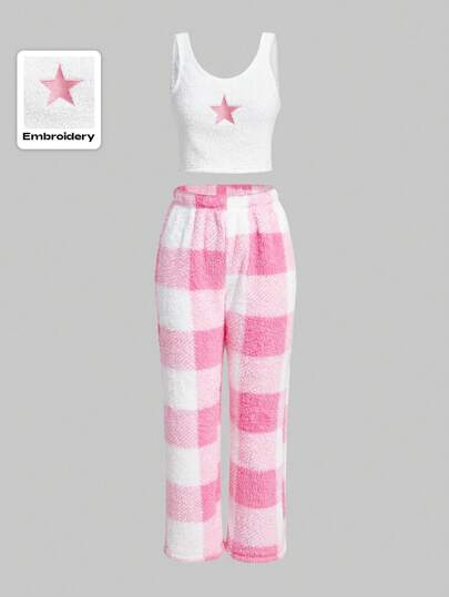 Kawaii Ensemble pyjama avec haut de réservoir à imprimé étoile et pantalon à imprimé carreaux, école