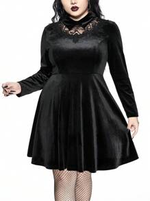 ROMWE Goth Dark Lace Trim Velvet Plus Size Women Gothic Collared A-Line Waist Dress - Black - View 3