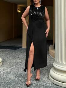 SHEIN Cottnline Plus Contrast Sequin Split Thigh Velvet Dress - Black - View 4