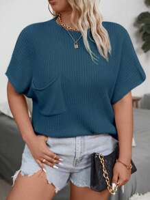 Franclia Plus Size Women's Casual Solid Round Neck Batwing Short Sleeve Pocket Loose Knit Sweater, Spring Autumn
