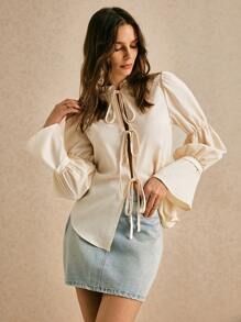 Poéselle Women's Cream White Frill Trim Front Tie Long Sleeve Casual Blouse,Elegant Autumn Dates Cottagecore Boho Bell Sleeve Top,Fall Winter Clothes FW24 - Apricot - View 5
